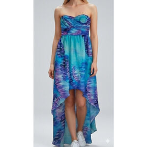 JS Boutique $199 Blue Watercolor High Low Strapless Dress